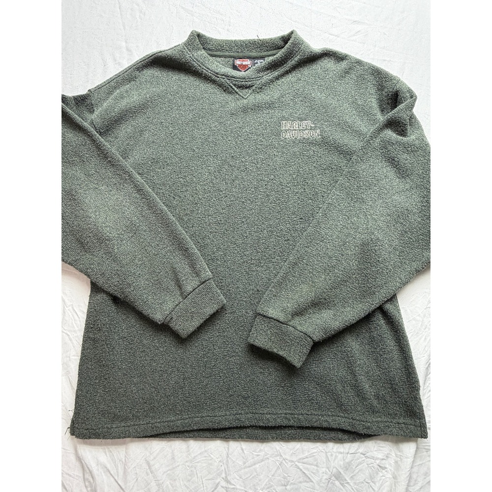 Vintage Harley Davidson Mens XL Green Textured Knit Long Sleeve Pullover Shirt